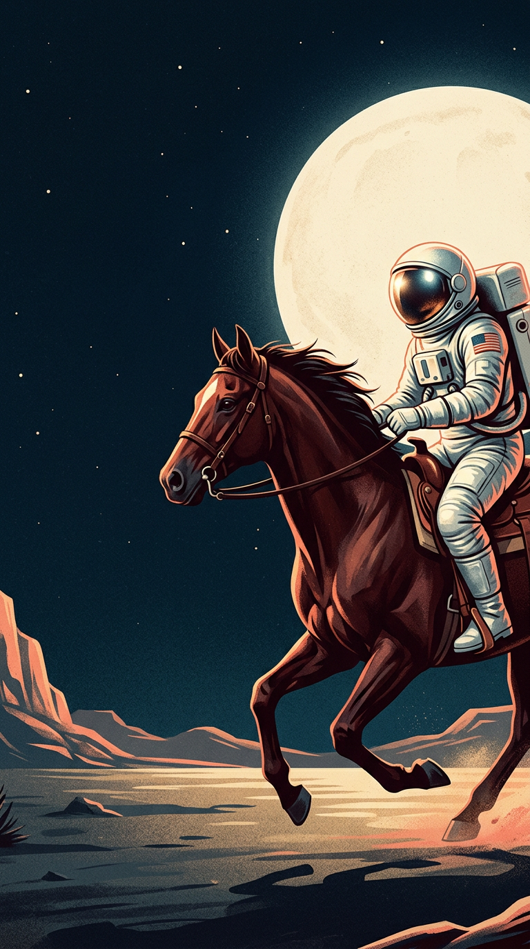 An astronaut riding a horse across a moonlit desert